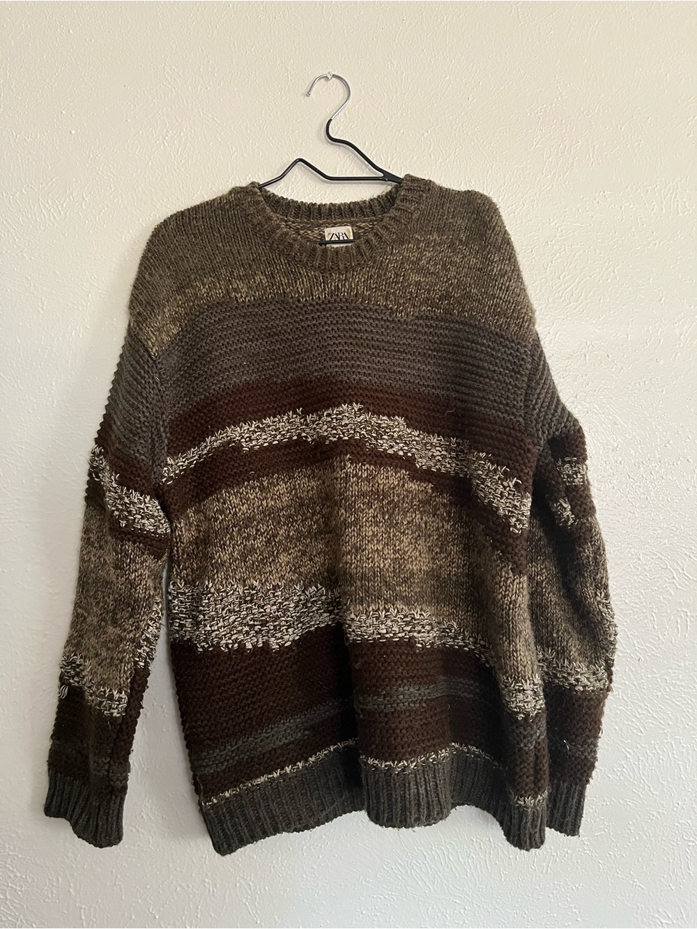 Zara Men's Olive & Brown Striped Knit Crewneck Sweater